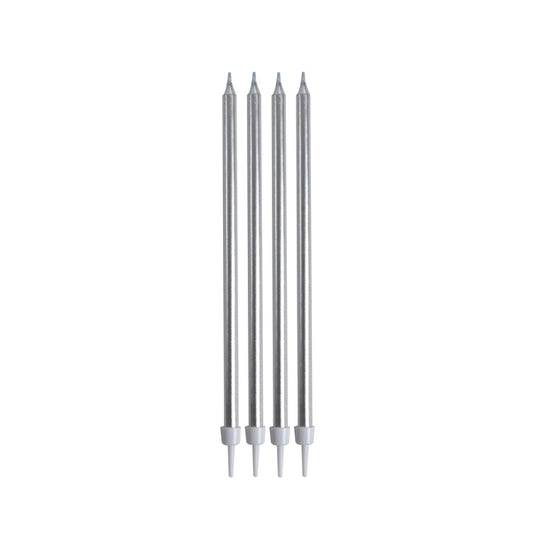 SET DE 16 BOUGIES ANNIVERSAIRE LONGUES + SUPPORTS PLASTIQUE H14,5CM ARGENT