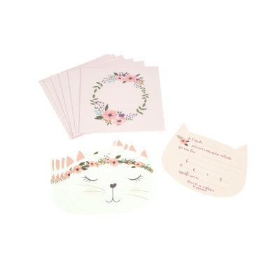 SET DE 6 INVITATIONS+ENVELOPPES ANNIVERSAIRE EN PAPIER BOHO CHAT