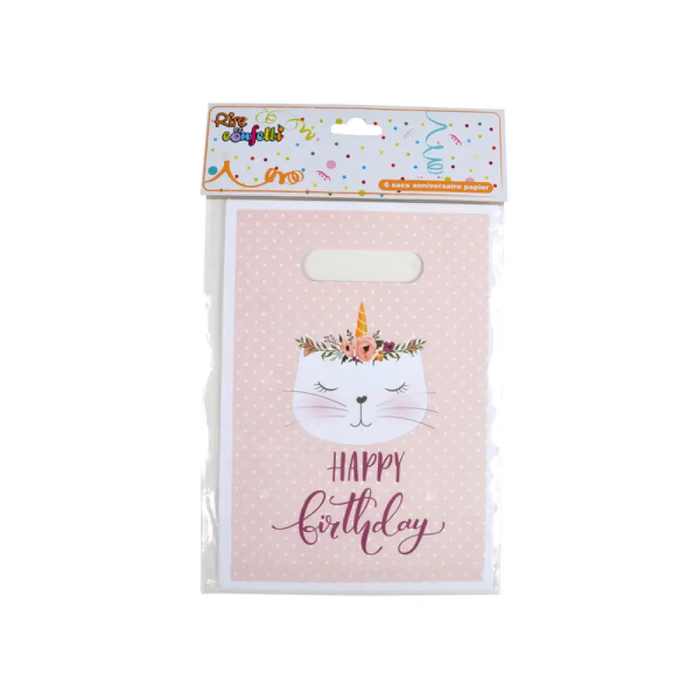 SET DE 6 SACS A BONBONS EN PAPIER H23CM BOHO CHAT