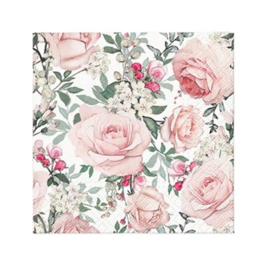 SET DE 20 SERVIETTES COCKTAIL EN PAPIER 3 PLIS 25*25CM ROSES ECLOSES