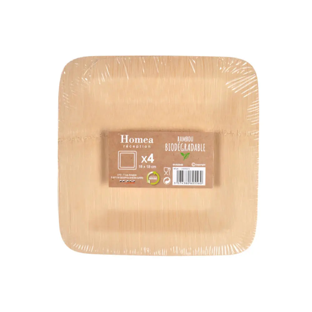 4 Assiettes Carrées en Bambou - 18cm