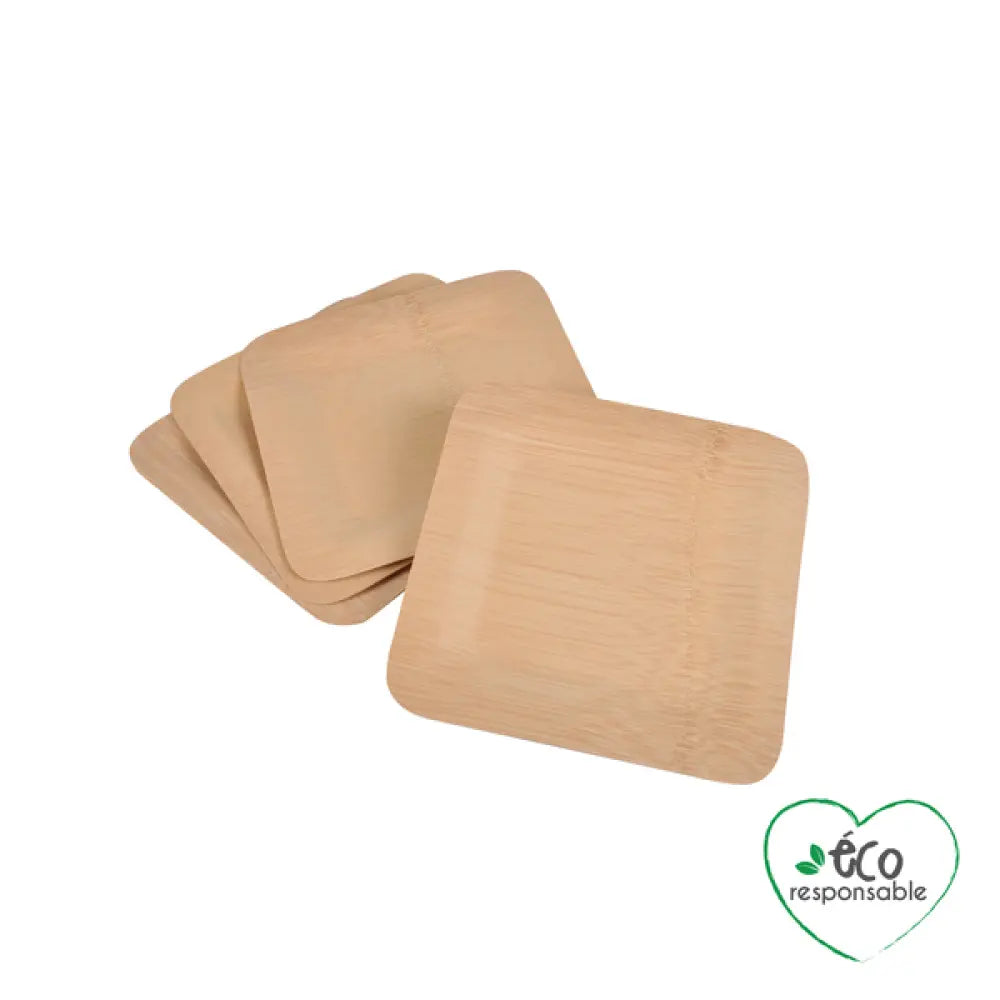 4 Assiettes Carrées en Bambou - 18cm