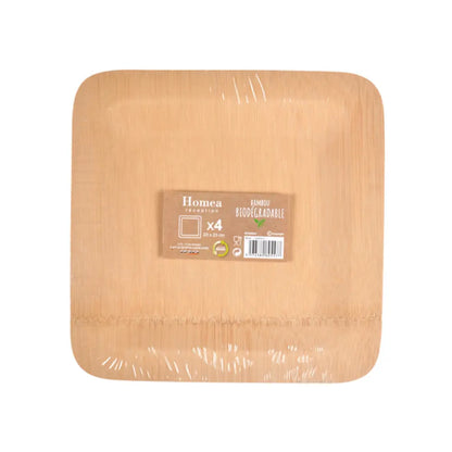 4 Assiettes Carrées en Bambou - 23cm