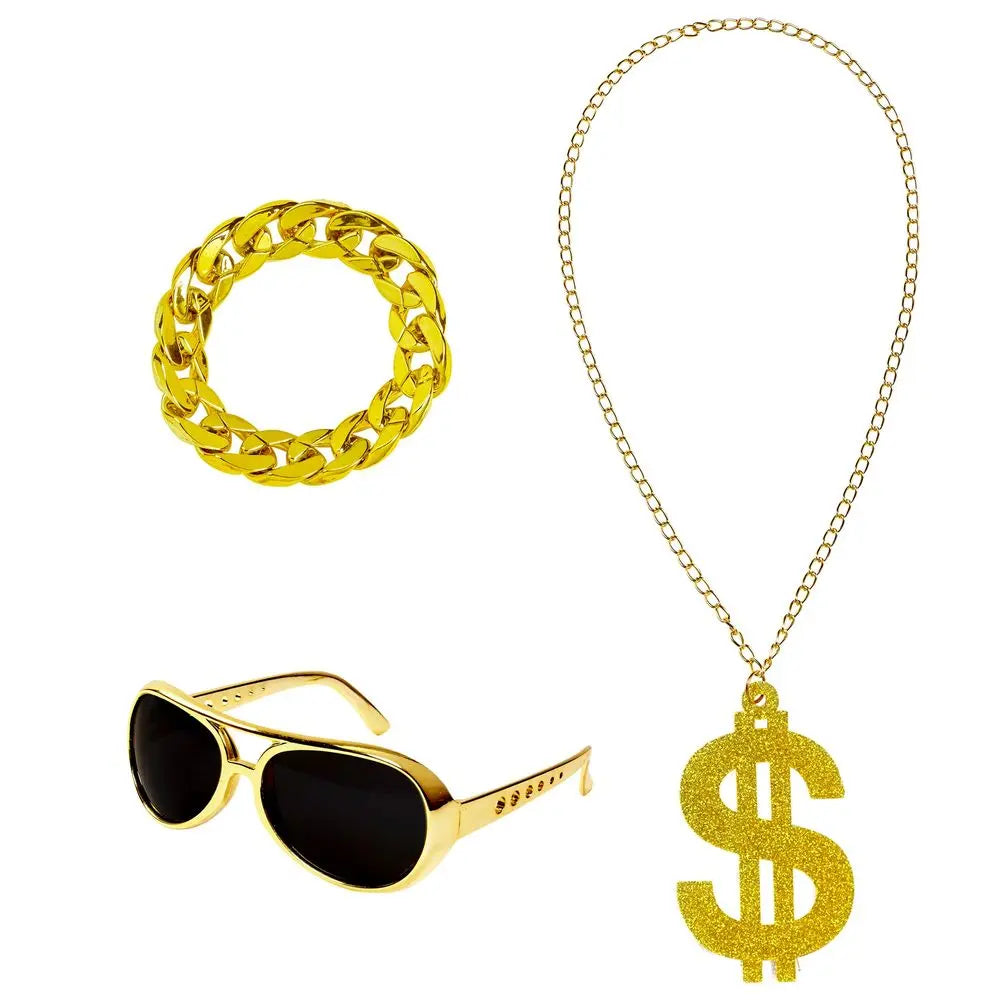 Set ''MAC'' (lunettes de soleil or, collier dollar or scintillant, bracelet or)