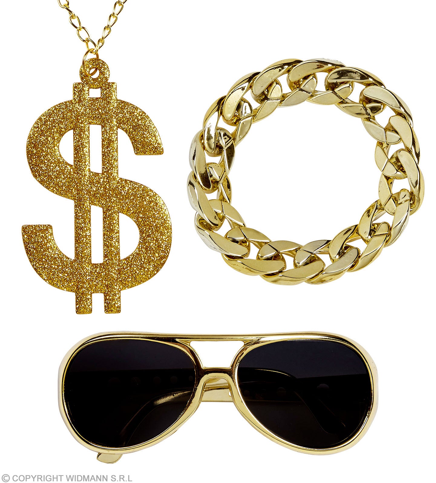 MAC (lunettes de soleil or, collier dollar or scintillant, bracelet or)