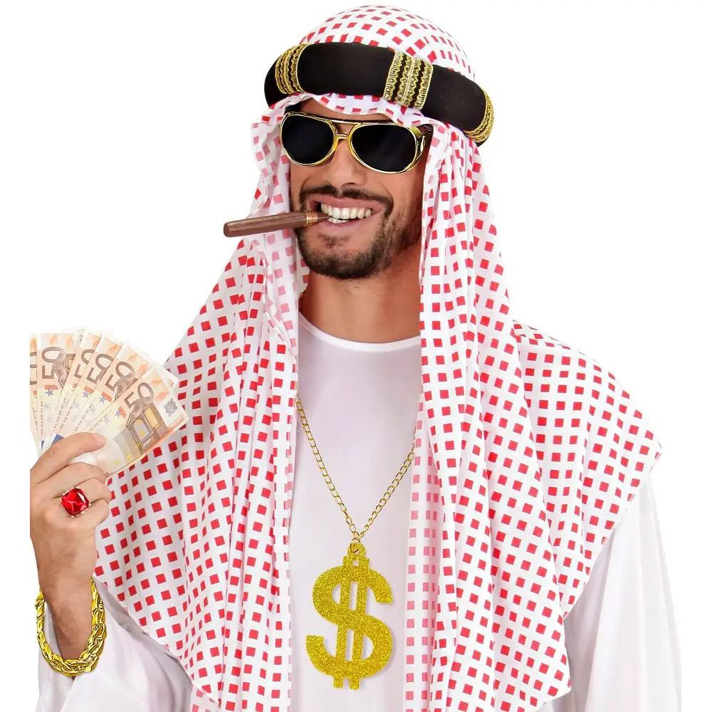 Set ''MAC'' (lunettes de soleil or, collier dollar or scintillant, bracelet or)