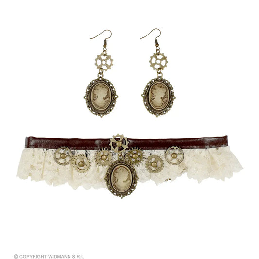 RAS DE COU EN DENTELLE ET EMBOUTS CAMEO STEAMPUNK