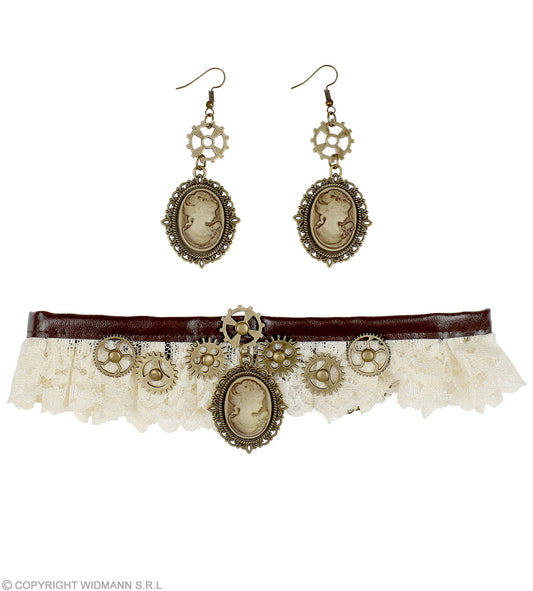 RAS DE COU EN DENTELLE ET EMBOUTS CAMEO STEAMPUNK