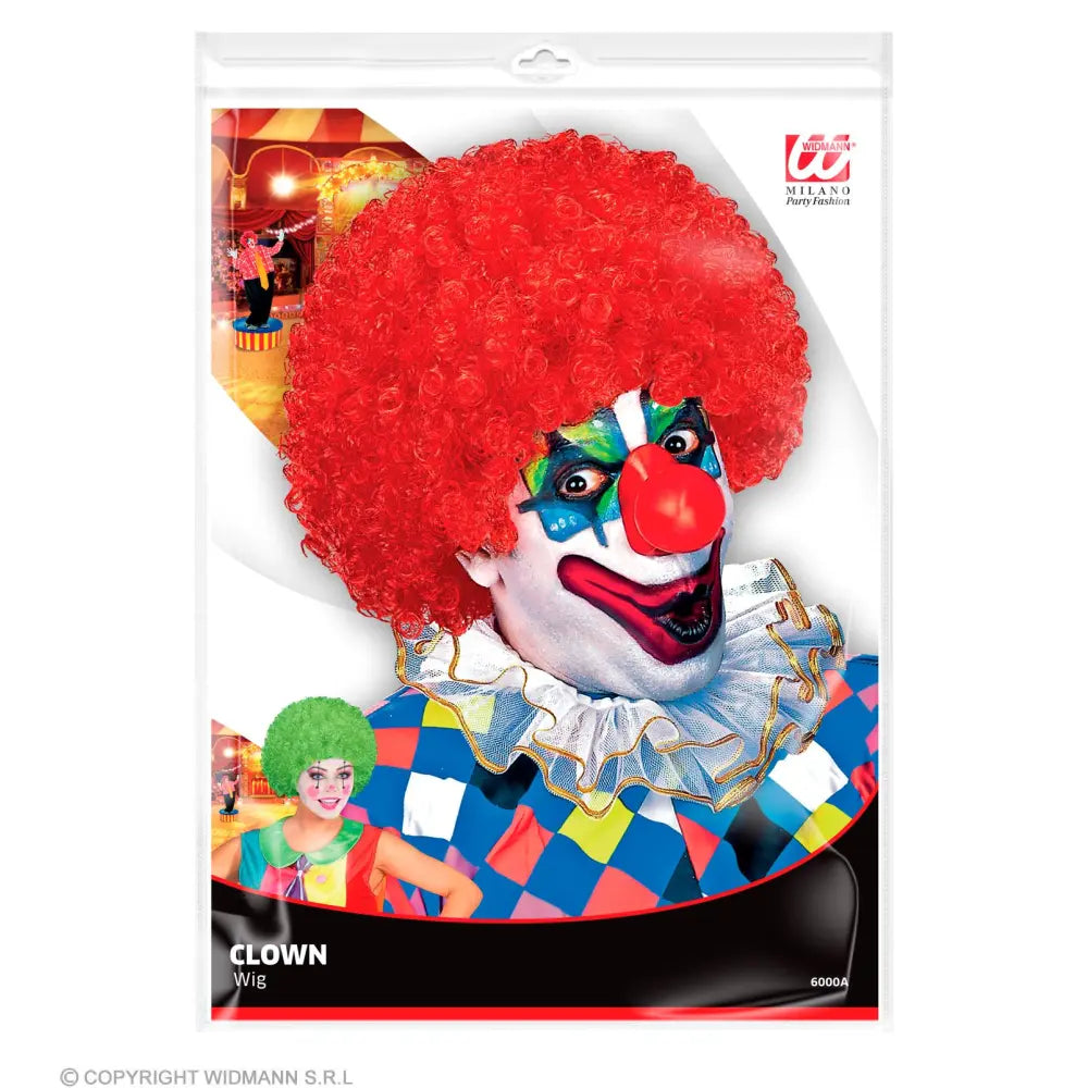 PERRUQUE CLOWN en sachet- 6 coul.: vert, jaune, pourpre, bleu, rose, rouge