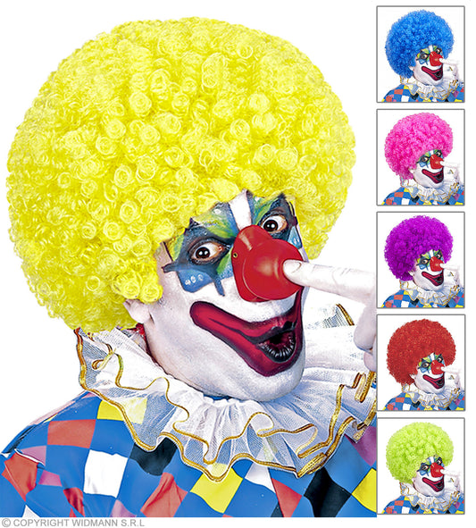 PERRUQUE CLOWN en sachet- 6 coul.: vert, jaune, pourpre, bleu, rose, rouge