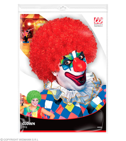 PERRUQUE CLOWN en sachet- 6 coul.: vert, jaune, pourpre, bleu, rose, rouge