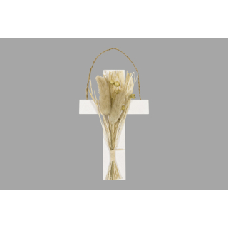 Croix en bois blanchi avec bouquet de fleurs séchées