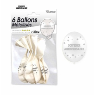 Sachet de 6 ballons métallisés joyeux anniversaire Blanc Albâtre