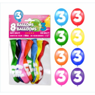 Sachet de 8 ballons latex chiffre 3