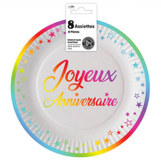 Assiettes x 8 anniversaire 23 cm multicolores