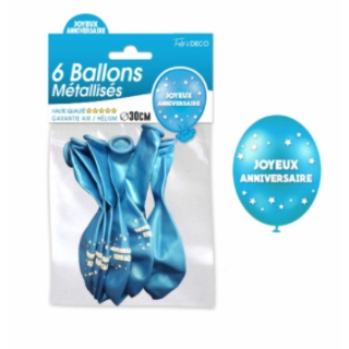 Sachet de 6 ballons métallisés joyeux anniversaire Bleu
