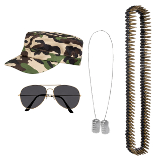 Set Soldat (casquette, lunettes party, collier et ceinture de balles)