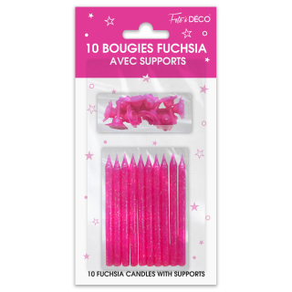 10 bougies pailletées avec supports - Couleur : Fuchsia