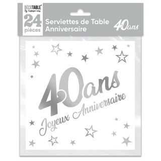 Serviettes de table x24 métallisée Argent - Tous les évènements de la vie : 40 ans