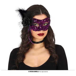 MASQUE À SEQUINS NOIR/LILAS AVEC FLEUR