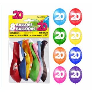 Sachet de 8 ballons latex chiffre 20