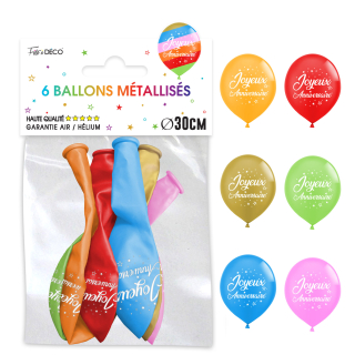 Sachet 6 ballons Métallisés Multicolores Joyeux Anniversaire