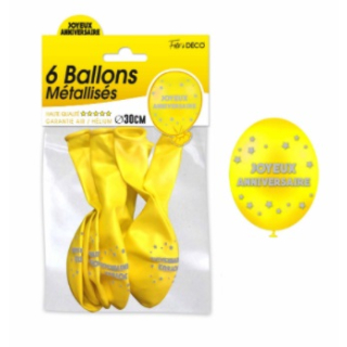 Sachet de 6 ballons métallisés joyeux anniversaire Jaune