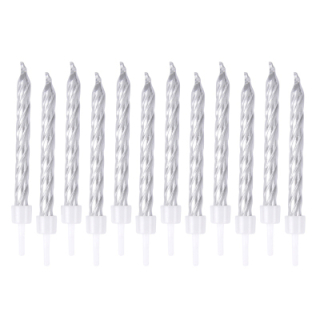 SET DE 12 BOUGIES METALLIQUE AVEC SUPPORT PLASTIQUE H6CM ARGENT