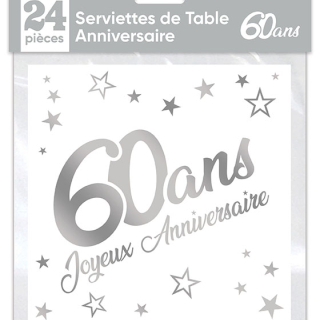 Serviettes de table x24 métallisée Argent - Tous les évènements de la vie : 60 ans