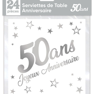 Serviettes de table x24 métallisée Argent - Tous les évènements de la vie : 50 ans