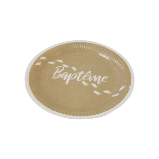 Assiette en carton "Baptême" effet kraft impression blanc