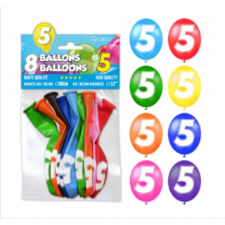 Sachet de 8 ballons latex chiffre 5