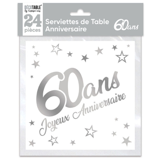 Serviettes de table x24 métallisée Argent - Tous les évènements de la vie : 60 ans