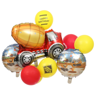 Kit ballons En chantier Multicolore ø 30 cm jaune avec impression x 2+ø 30 cm rouge x 3+ø 45 cm ballon alu x 2+82 x 68.5cm ballon alu x 1+Ruban satin 5 m+Paille x 1 Pochette de 10 pièces