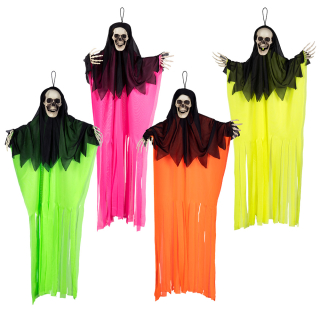 Pc. Décoration suspendue Fantôme tête de mort 4 couleurs fluo ass. (90 cm)