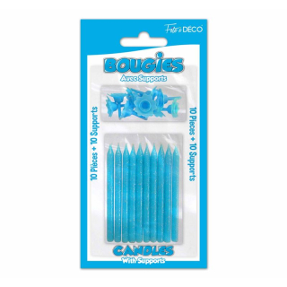 10 bougies pailletées avec supports Bleu