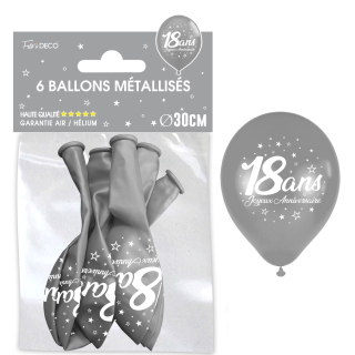 Sachet de 6 ballons métal argent - Tous les évènements de la vie : 18 ans