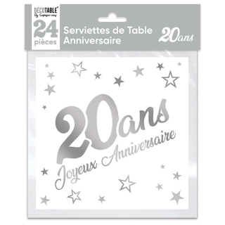 Serviettes de table x24 métallisée Argent - Tous les évènements de la vie : 20 ans