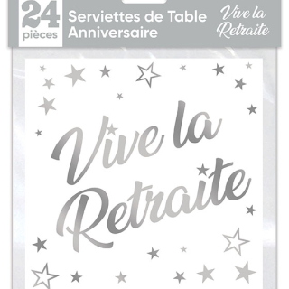 Serviettes de table x24 métallisée Argent - Tous les évènements de la vie : Vive la retraite