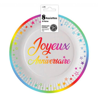 Assiettes x 8 anniversaire 23 cm multicolores