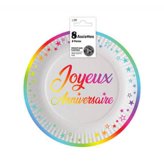 Assiettes x 8 anniversaire 18 cm multicolores