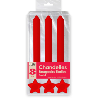 Bougies Chandelles x 3 Supports Etoile Pastel - Couleur : Rouge