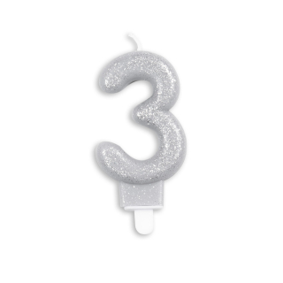 Number candle glitter silver nr. 3