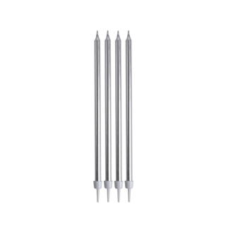 SET DE 16 BOUGIES ANNIVERSAIRE LONGUES + SUPPORTS PLASTIQUE H14,5CM ARGENT