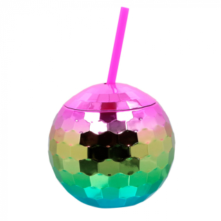 Pc. Gobelet boule disco avec paille arc-en-ciel 650ml