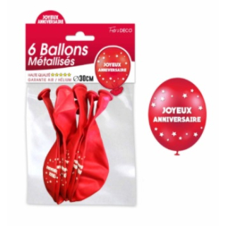Sachet de 6 ballons métallisés joyeux anniversaire Rouge
