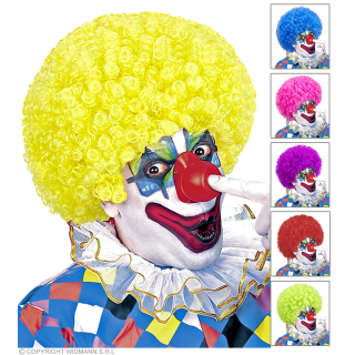 PERRUQUE CLOWN en sachet- 6 coul.: vert, jaune, pourpre, bleu, rose, rouge