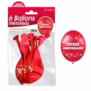 Sachet de 6 ballons métallisés joyeux anniversaire Rouge