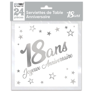 Serviettes de table x24 métallisée Argent - Tous les évènements de la vie : 18 ans