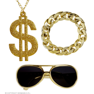 MAC (lunettes de soleil or, collier dollar or scintillant, bracelet or)